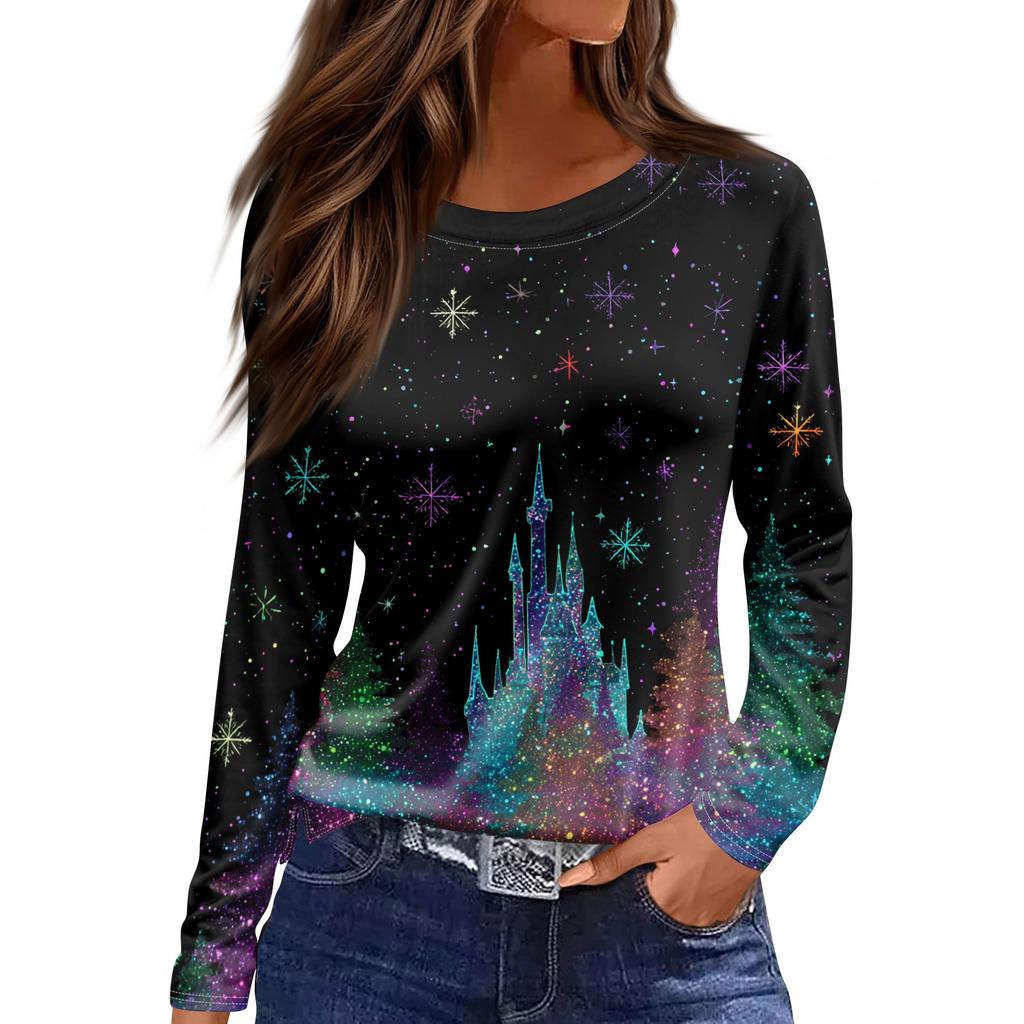 Women's Fashion Casual Slit Hem Round Neck Long Sleeve Loose Printed T-Shirt Top