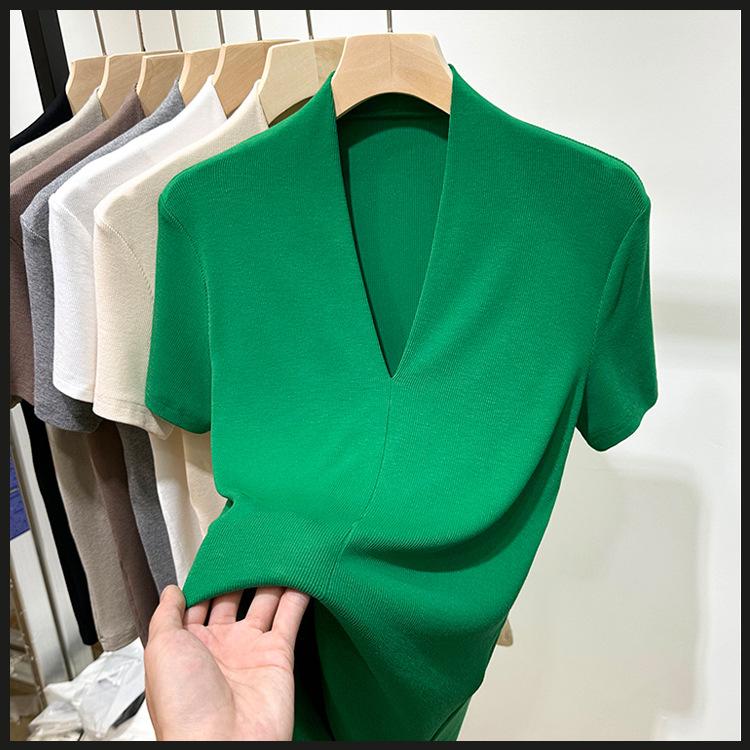 Модная футболка с V-образным вырезом, с короткими рукавами, женская летняя новинка, облегающий топ с рукавами до локтя