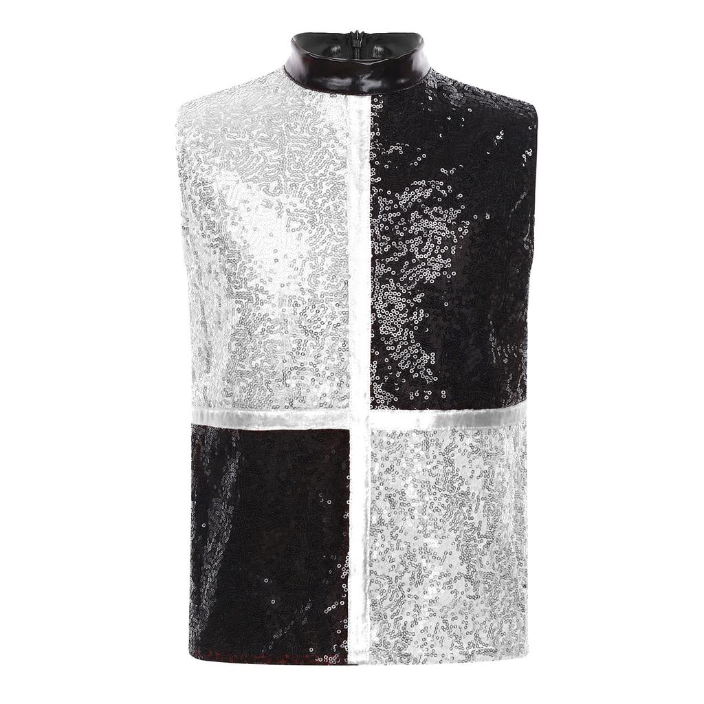 Boys Jazz Dance Top Mock Neck Sleeveless Back Invisible Zipper Shiny Sequins Color Block Stage Costume