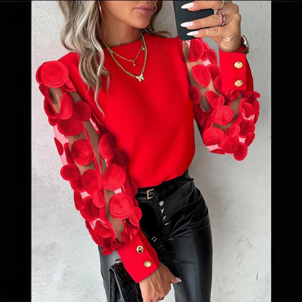 Осенняя блузка с круглым вырезом и рукавами-лепестками - Женский модный топ с длинным рукавом