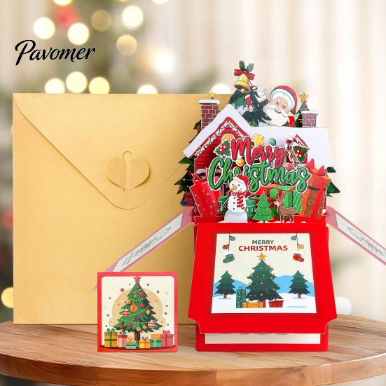 Handmade Style Xmas Cards Pop Up Christmas Card with Envelope And Note Card, Merry Gift Envelopes Holiday Greeting for New Year, Party Favors