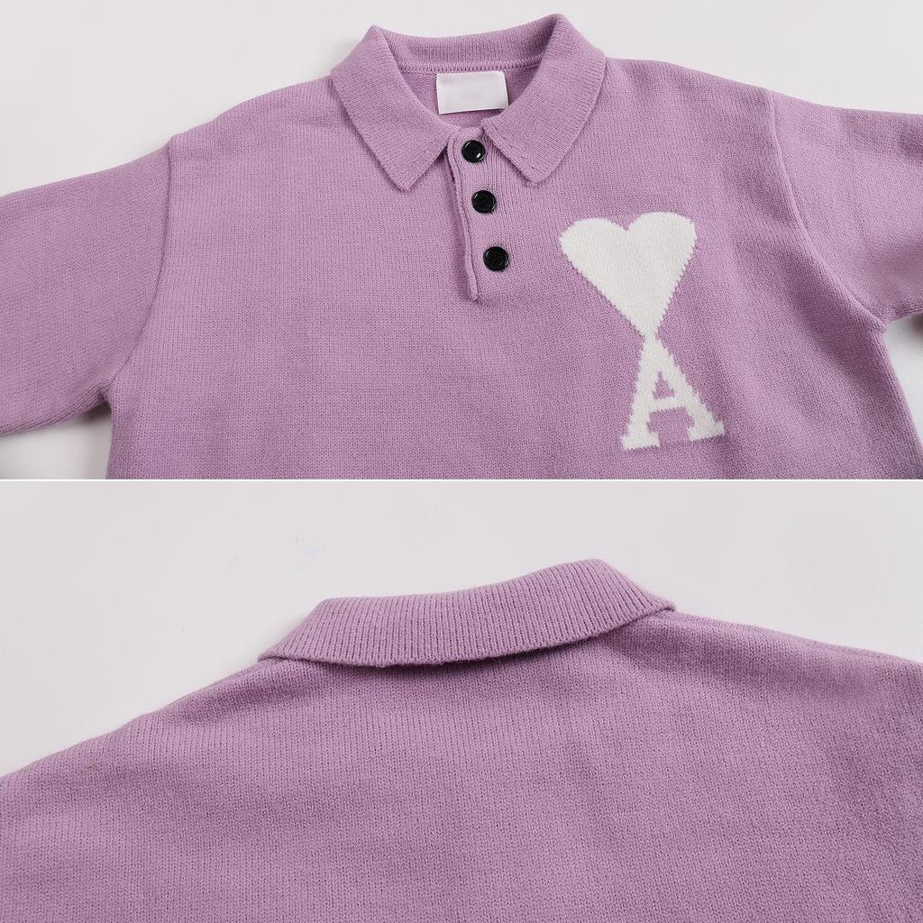 Unisex Polo Collar Knit Sweater Multi Colors with Heart & A Embroidery Casual Button Pullover for Men Women