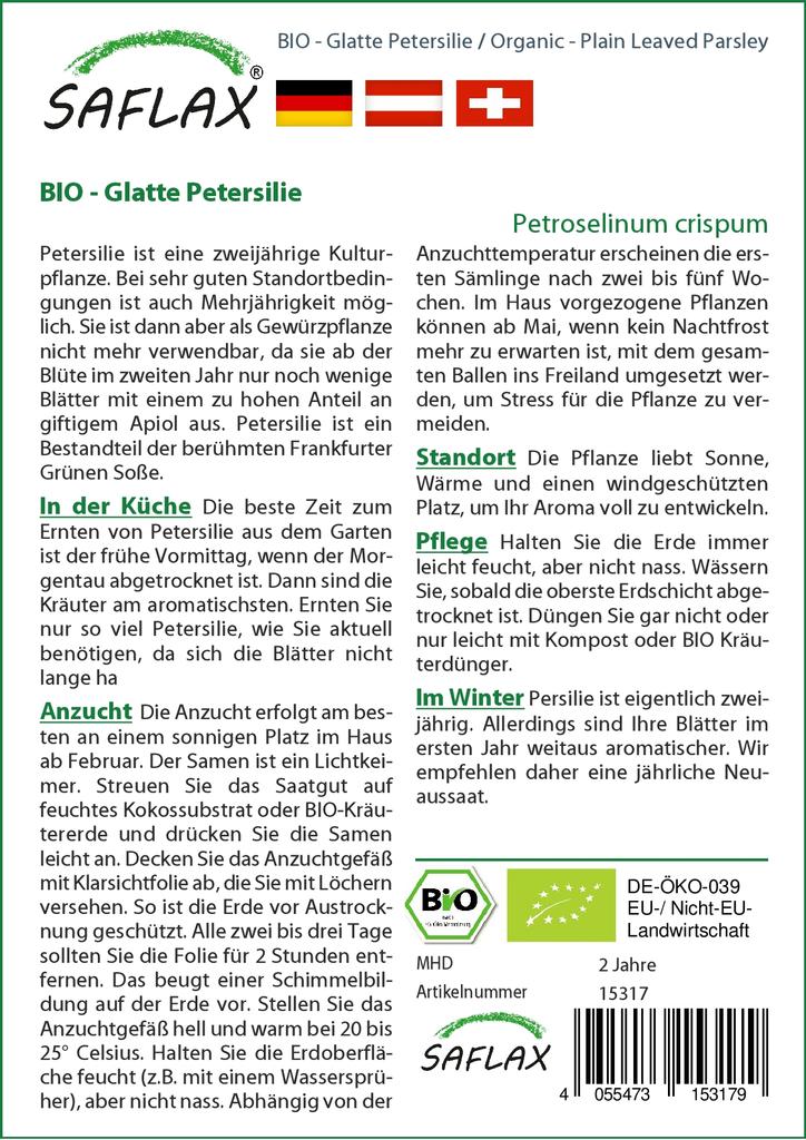 SAFLAX Garden in the Bag - Органическая - Петрушка с простыми листьями - 600 семян - С субстратом в подходящем стоячем пакете - Petroselinum Crispum