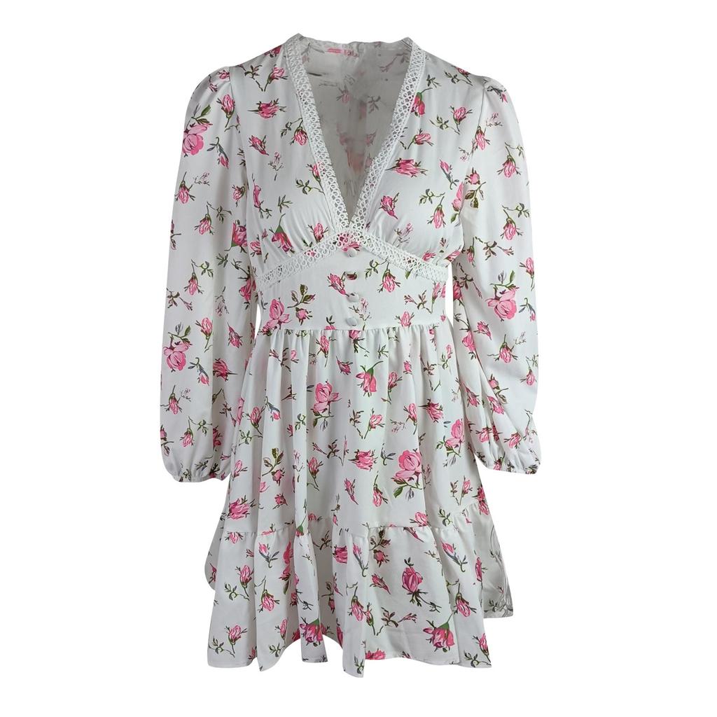 Fashion Women's Casual V-Neck Printed Long Sleeve High Waist Printed Dress
