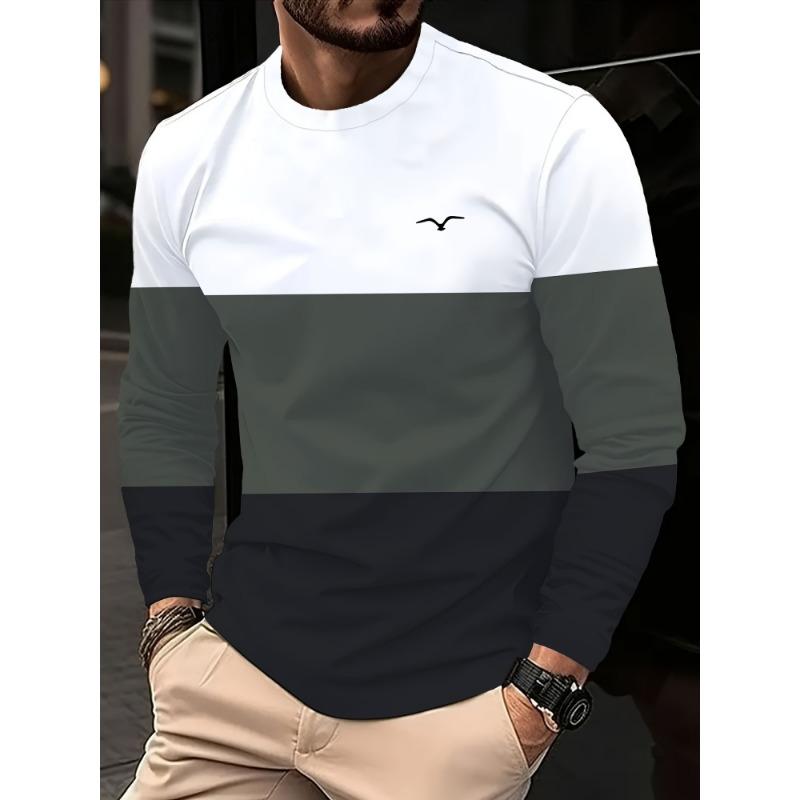 Men's Casual Striped Printed T-shirt 3D Printed Breathable Quick-drying Round-neck Long-sleeve T-shirt, Simple Style Workwear