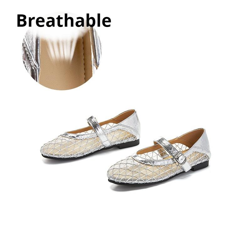 Sheepskin Mary Jane Shoes Casual Shoes Hollow Mesh Breathable Leather Shoes Flat-soled Shallow-mouth Women's Shoes