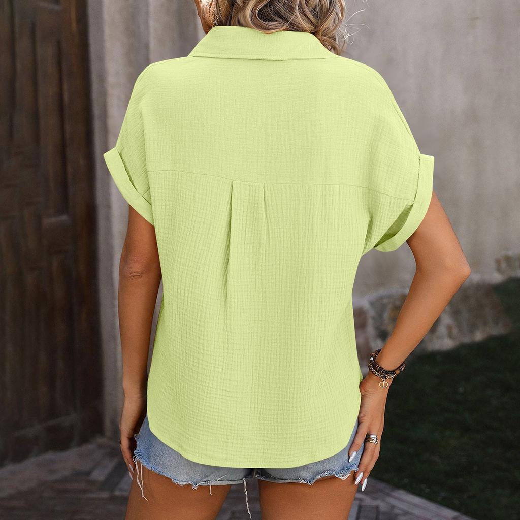 Женские рубашки на пуговицах с коротким рукавом, повседневная рубашка с воротником, свободные блузки, однотонные топы с карманом