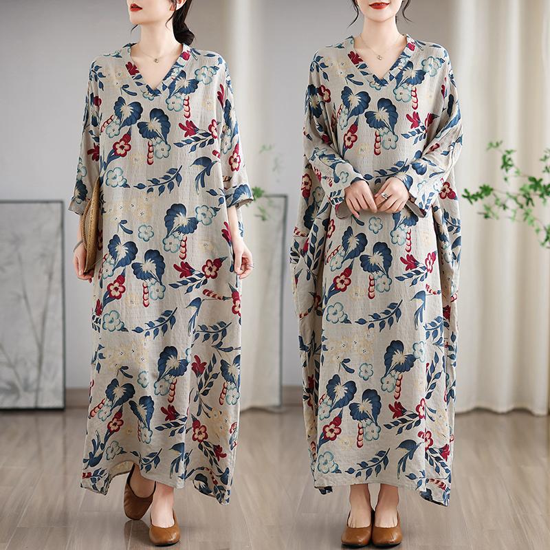 DIMANAF 2025 Женское длинное платье больших размеров на весну Свободное платье с цветочным принтом Базовое повседневное макси-платье для праздника Винтаж