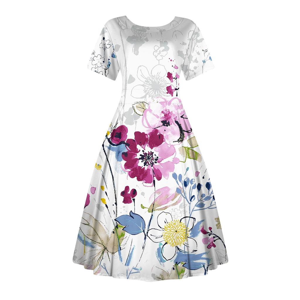 Женское повседневное модное платье с винтажным принтом, круглые платья миди с коротким рукавом и длинными большими распашными платьями