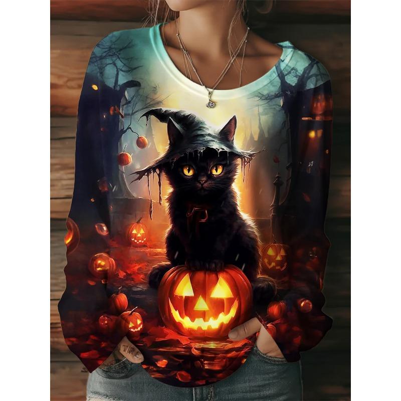 Women's T-shirt Halloween Pumpkin Print Fashion Long Sleeve Round Neck Regular Top Holiday Weekend Spring and Autumn