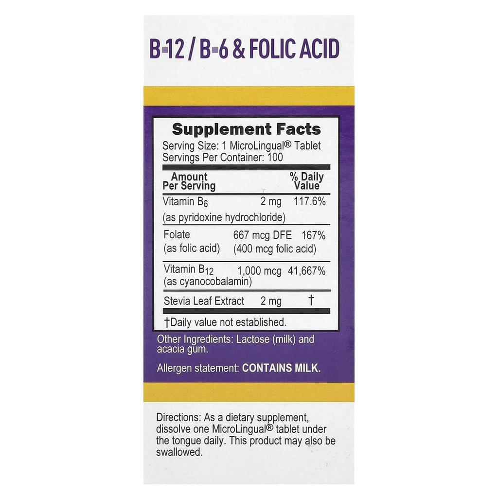 Cyanocobalamin B-12, B-6 and Folic Acid, Instant Dissolve Microlingual 100 Tablets
