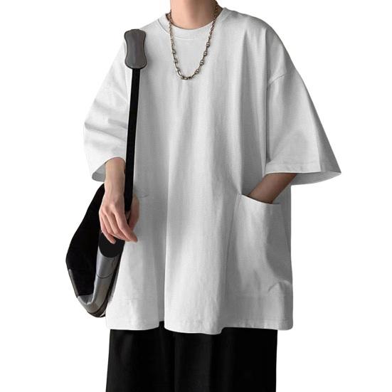 Summer Men T-shirt Round Neck Loose Mid Length Solid Color Plus Size Pockets Half Sleeves Streetwear Outdoor Top