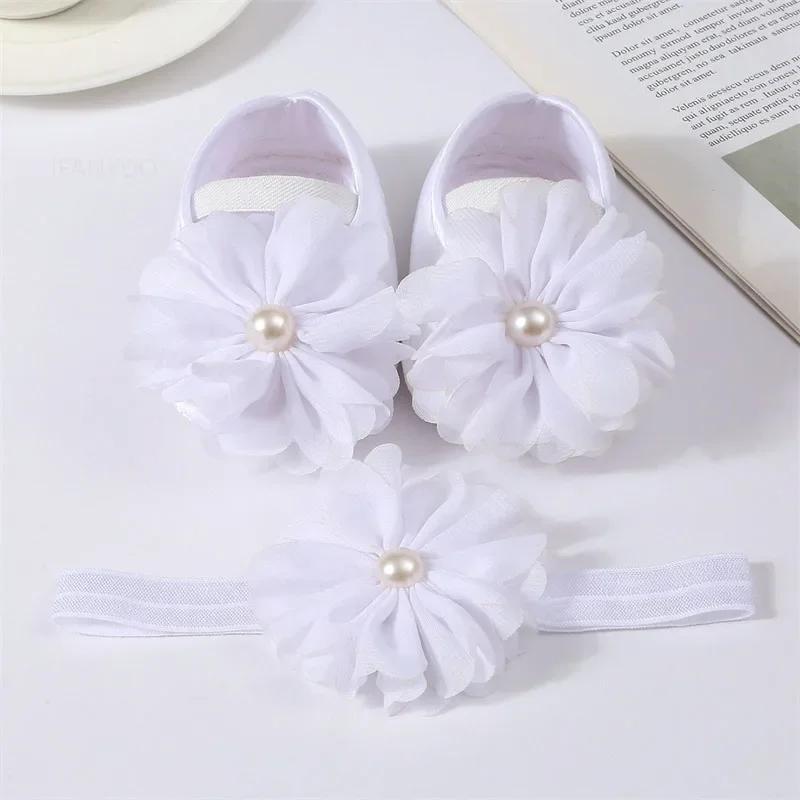 Newborn Girls Baby Shoes Party Pearl Flower Lace Baby Girl Headband Set Non Slip Cute Preschoolers Toddler Infant First Walkers