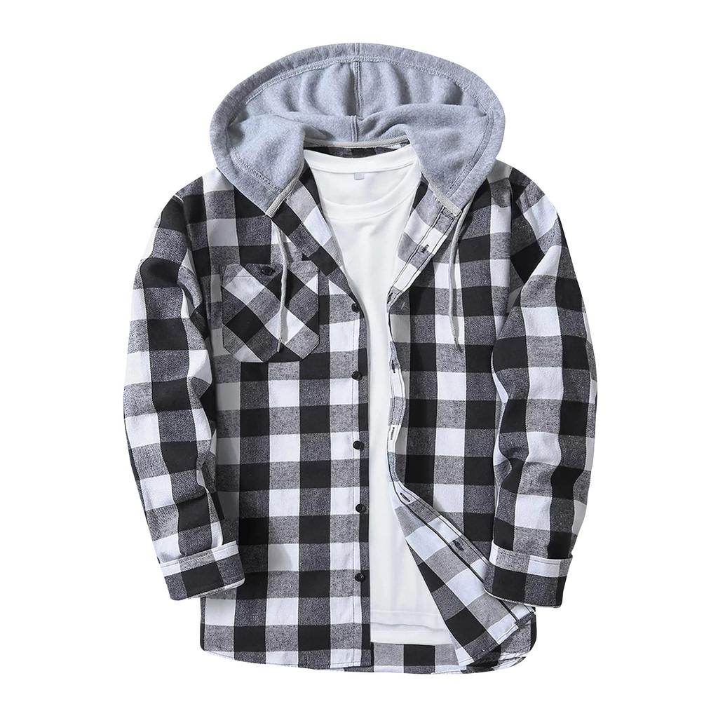 Men's Plaid Shirt Hooded Button Sweatshirt Men's Casual Fashion Sweatshirt