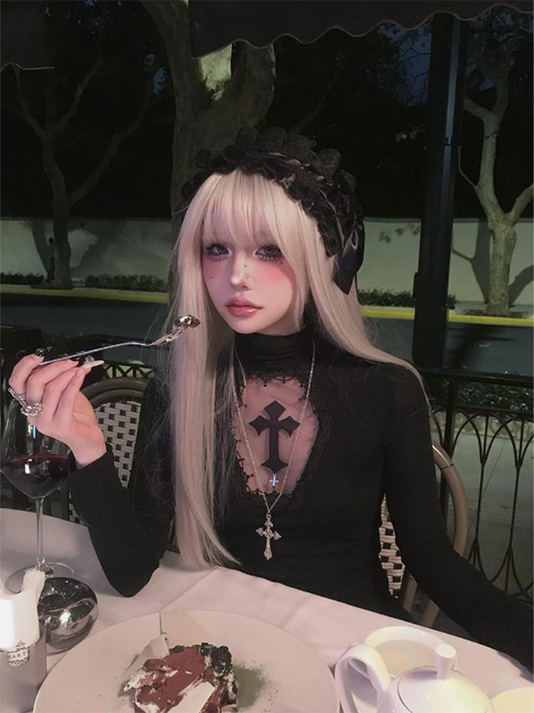 Водолазка Топ Y2k Одежда Черный Готический Крест Полый Утягивающий Низ Футболка для Женщин Длинный Рукав Сексуальная Футболка Топы Для Девочек