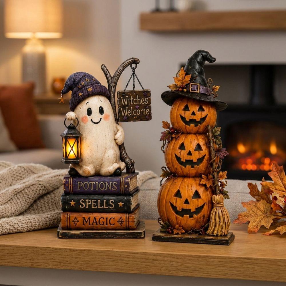 Spooky Wood Haunted House Statue Vintage Stacked Pumpkin Cart Ornament Mantel Decor