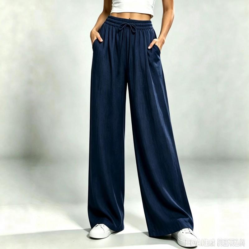 Womens Relaxed Straight Leg Pants Drawstring Elastic Waist Solid Color Casual Trousers