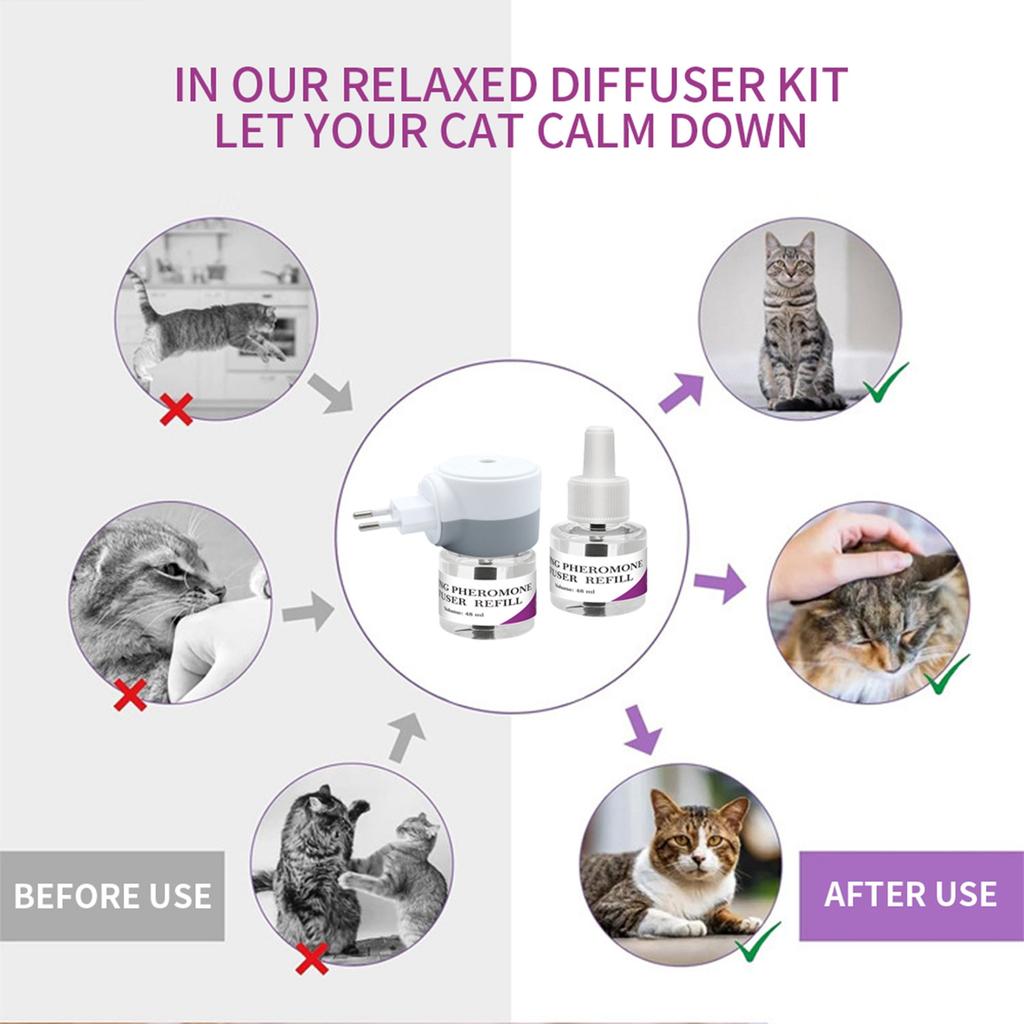 Диффузор для успокоения питомцев, 3 в 1 феромоны для питомцев, расслабляющие феромоны для облегчения стресса и тревоги у питомцев, уменьшения агрессии и лая, 1 диффузор 2 сменных блока(48 мл*2)
