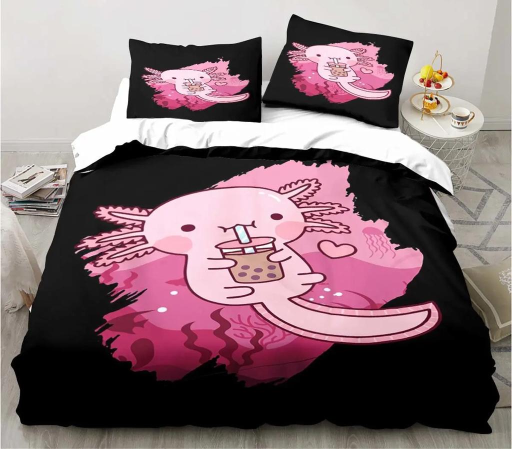 Cute Kawaii Axolotl Art Christmas Navidad Gift King Twin Double Child Customized Bedding Set Duvet Cover with Pillowcase 3 Piece