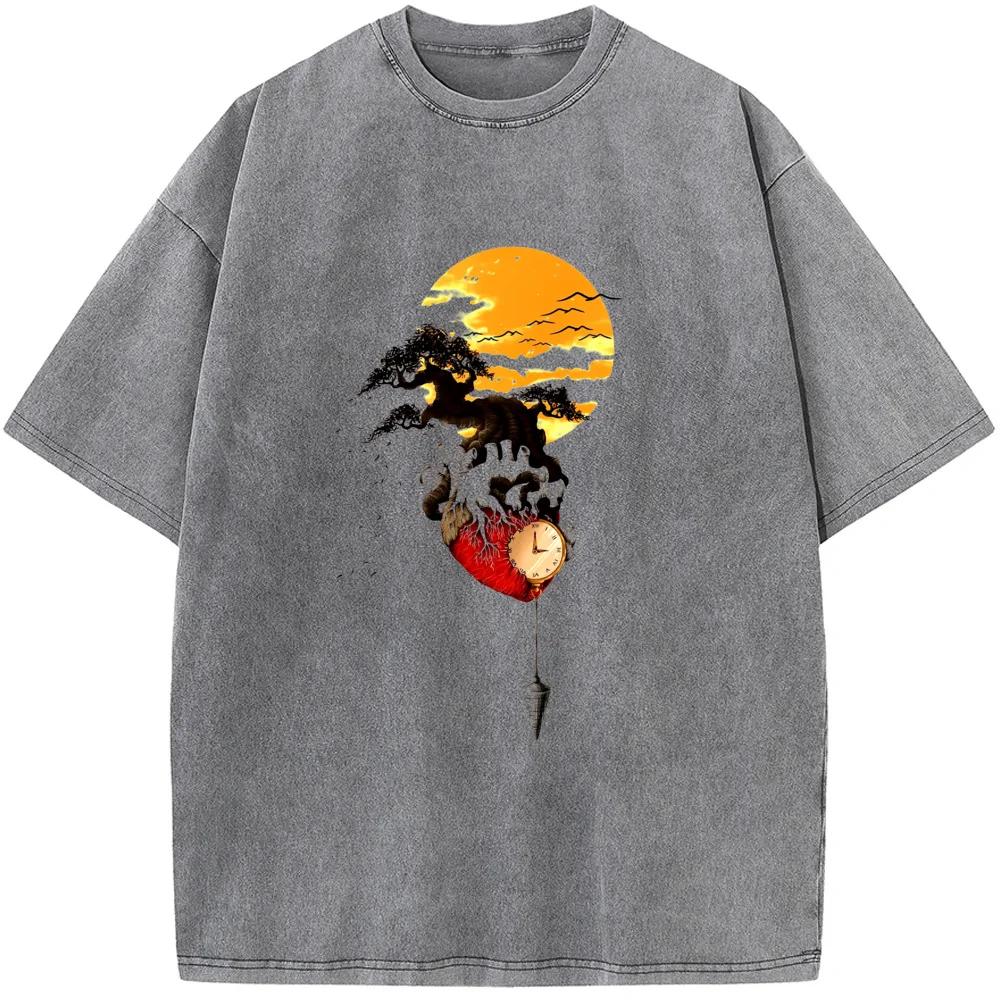 Время Заката Гора Мужская Женская Выстиранная Футболка Хлопок Смешная Свободная Отбеленная Футболка Ретро Отбеленная Футболка Топы Футболка