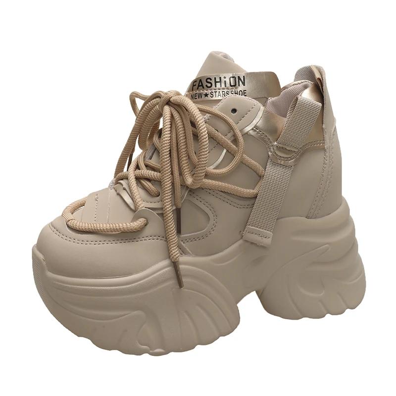 Fashion Women Walking Sneakers Autumn Lace-up High Platform Chunky Shoes Breathable Leather Shoes 10.5CM Winter Wedge Heels Casual Shoes