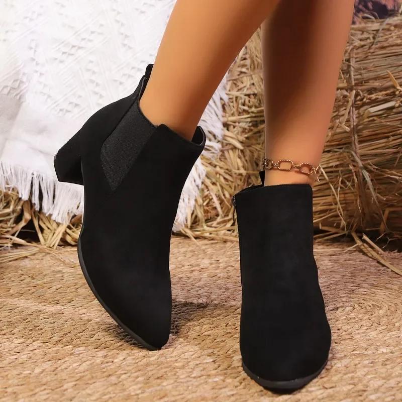 Зимние женские ботильоны, распродажа 2025 года, новые женские сексуальные заостренные носки, классические однотонные замшевые модные ботинки на толстом каблуке