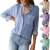 Women's Striped Button Down With Pocket Long Sleeves Point Collar Shirt Tops