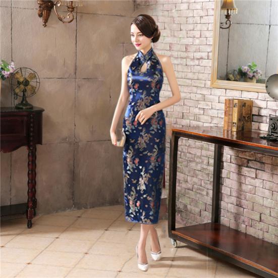 Women Summer Cheongsam Stand Collar Printing Off Shoulder Backless Split Hem Hollow Out Sleeveless Qipao Slim Fit Retro