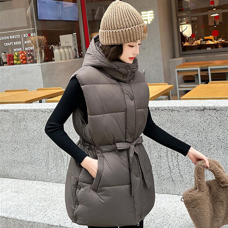 Autumn and winter new niche hooded single-breasted buckle lace-up waist versatile thickened cotton-padded vest jacket women