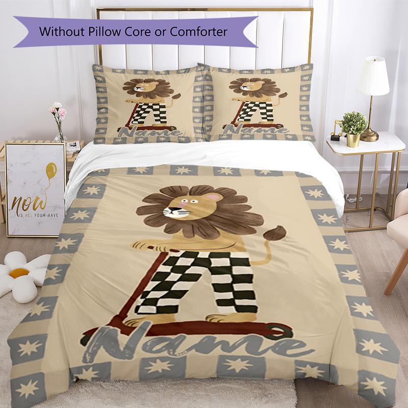 3pcs Custom Name Lion Bedding Set Duvet Cover Closure Includes 1 Duvet Cover & 2 Pillowcases, Soft and Comfortable for All Seasons.