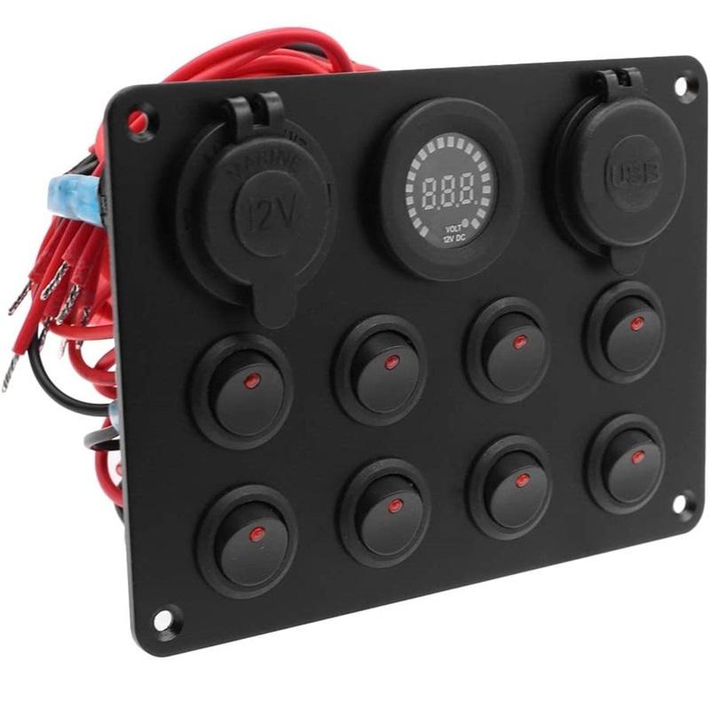8 Gang Rocker Switch Panel 12V with 4.2A USB Socket Voltmeter Overload Protection ON/Off for Car Boat Marine RV Truck