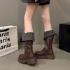 Коричневые ретро британского стиля ботинки на толстой платформе и каблуке женские новые осенние, но высотой до колена, рыцарские ботинки
