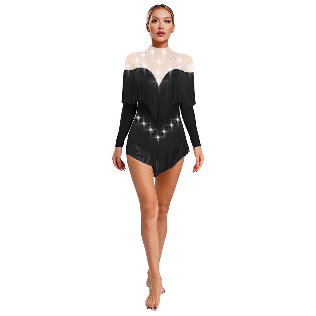 Женский латинский купальник с бахромой, воротником-стойкой, сетчатыми длинными рукавами, блестящими стразами, боди с бахромой