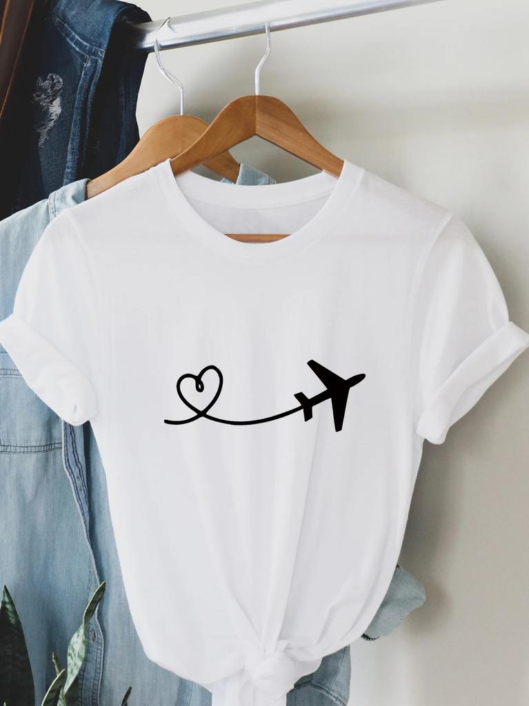 Round Neck Unisexs Tshirt With Heart Airplane Print Harajuku Short Sleeve Tshirt Casual Clothing Street Tops Aesthetic Clothes