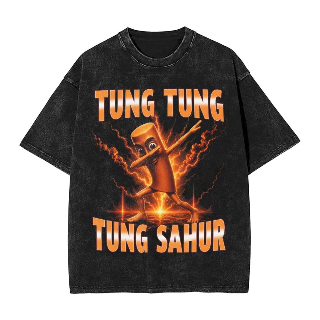 Vintage Washed Tshirt Funny Brainrot Outer Space Meme Tung Sahur John Pork Selfie Tshirts Fashion Tee Shirt Male Summer Tops