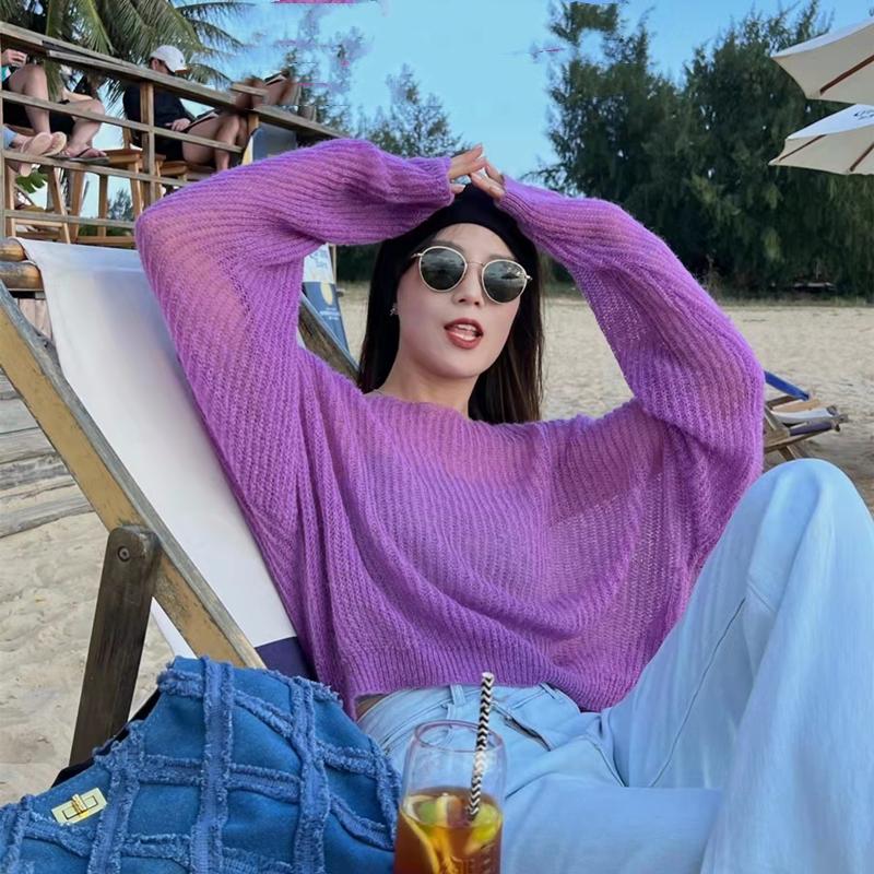Женские вязаные свитера тонкие Прозрачные повседневные оверсайз свитер с длинным рукавом Леди сексуальный Ажурный Сетчатый Пуловер пляжные футболки