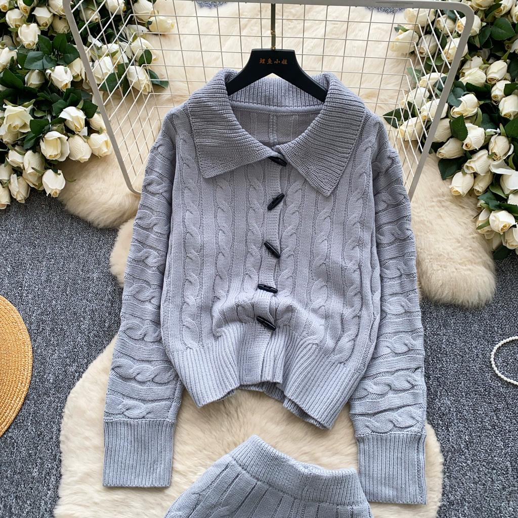 Autumn Winter Women Casual Knitted Twist Sweater Pant Two Piece Set Lapel Horn Button Cardigan Jacket and Elastic Waist Shorts Tracksuit