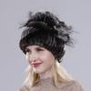Winter Women Good Elasticity Real Rex Rabbit Fur Hats with Silver Fox Fur Lady Outdoor Warm Knitted Genuine Rex Rabbit Fur Cap