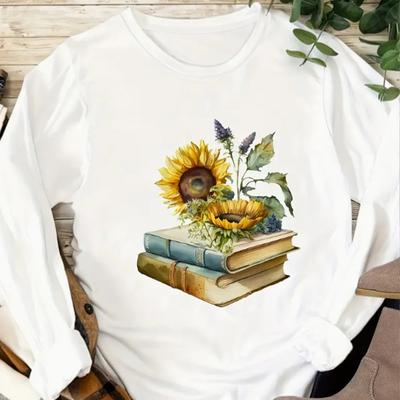 Топы для женщин с принтом перьев и бабочек, подсолнухов, с круглым вырезом и длинным рукавом, футболка на осень, облегающий женский топ с длинным рукавом