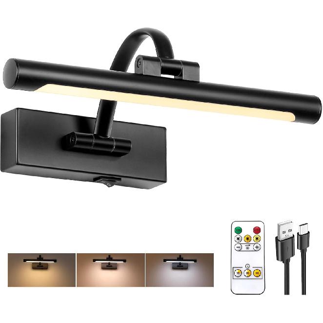 Tassuowell Rechargeable Picture Light with Remote Control,12 Inch Brass Finish Adjustable Wireless Art Lighting Fixture,Painting Lights with Timer,3
