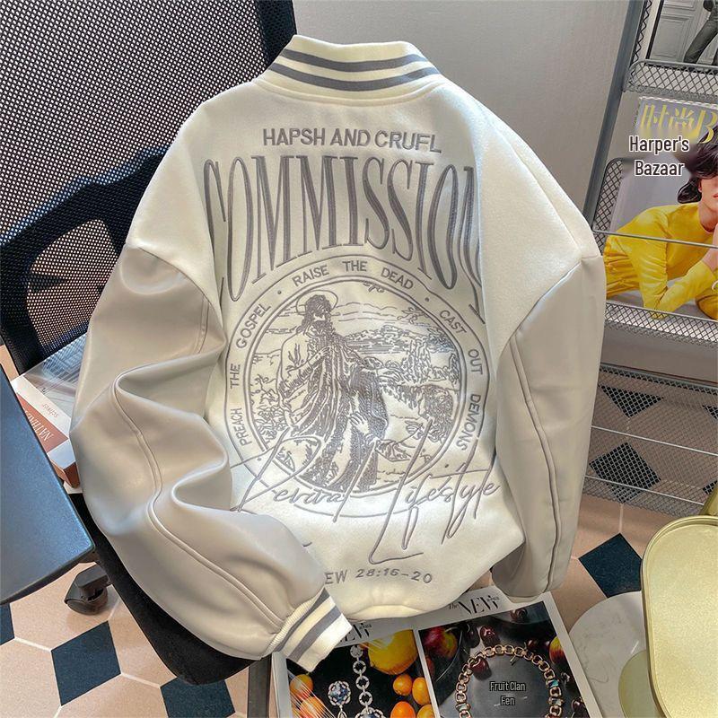 Мужская осенне-зимняя свободная бейсбольная куртка с американской вышивкой и кожаными рукавами