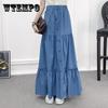 90cm Length Denim Skirts Women's Elastic High Waist Button Shirring Patchwork Ruffle Long Skirt Casual Blue Skirts Streetwear