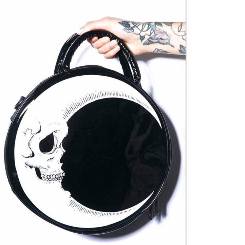 Dark Skull Head Thunder Flash Printed Gothic Cross Body Moon Messenger Bag Round Handbag Harajuku