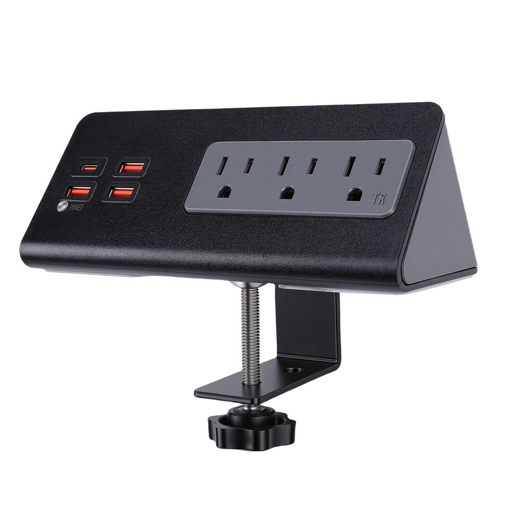 Desk Clamp Power Strip 15A 1875W 3 AC Outlets 3 USB A 1 PD20W USB C Ports Desktop Edges Mount Power Strip Surge