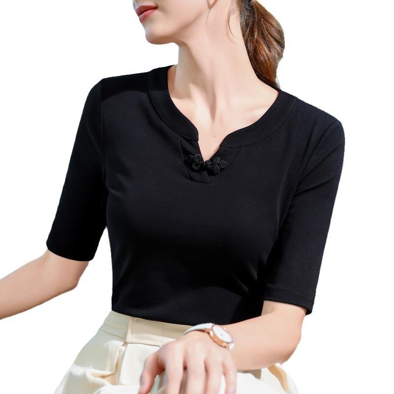 Футболка в китайском стиле с рукавами пятью точками для женщин, новая женская хлопковая футболка с короткими рукавами и складками спереди на плечах, темпераментный топ с V-образным вырезом и поясом