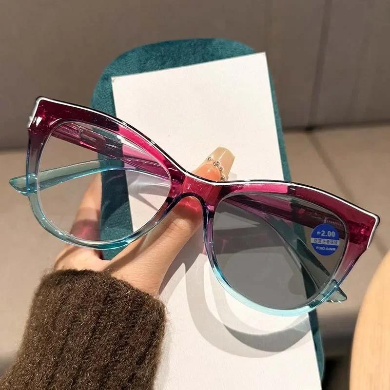 Contrast Color Cat Eye Pochromic Myopia Glasses Indoor Outdoor UV Sunglasses Blue Light Blocking Computer Near Sight Glasses