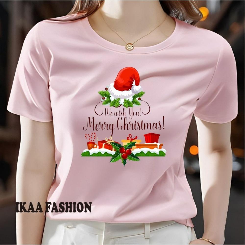 Ladies' Christmas Element Pattern Printed T-shirt - Short Sleeve Round Neck Casual Top