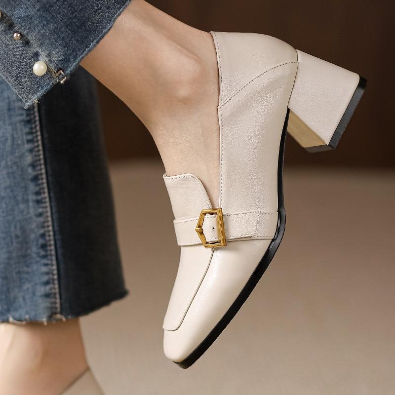 Туфли-лодочки на среднем каблуке из натуральной кожи, женская обувь, модные черные бежевые туфли на каблуке, большой размер, весенние туфли для офиса и вечеринок, женские