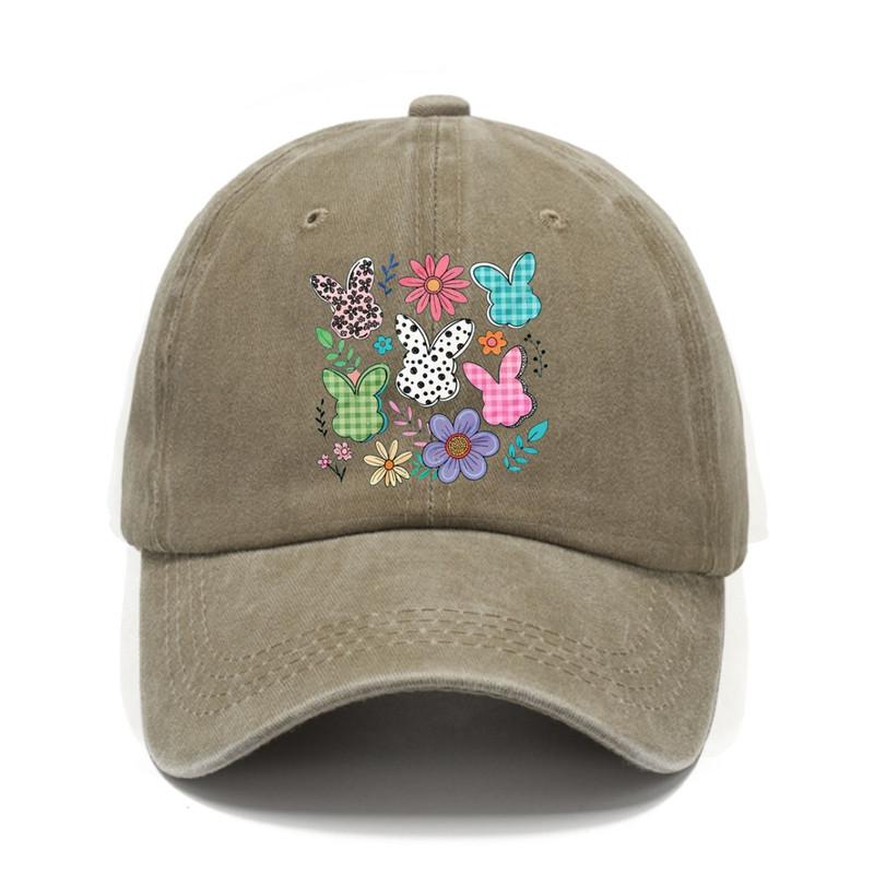Cute Easter Bunny Floral Print Baseball Cap Spring Festival Adjustable Distressed Cotton Dad Hat Casual Unisex