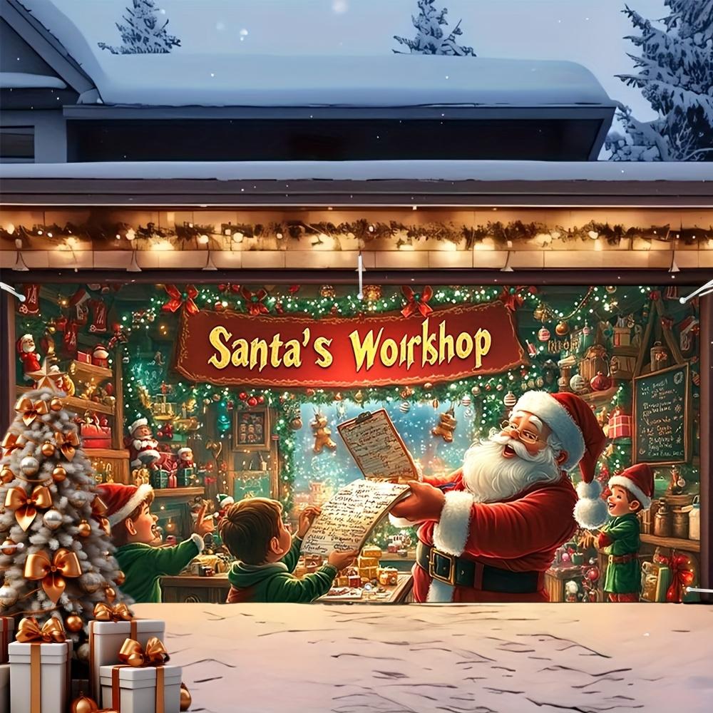 A vivid Santa Claus studio Christmas garage door flag - large 2D flat-print fabric covering, with Christmas decorationsZL